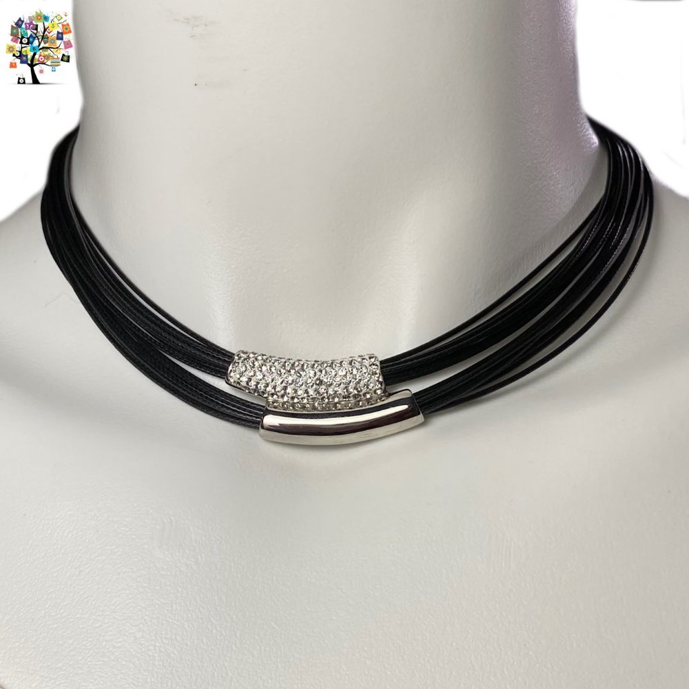 Black Cord/Stainless Steel/Crystals Necklace - Picture 3 of 3